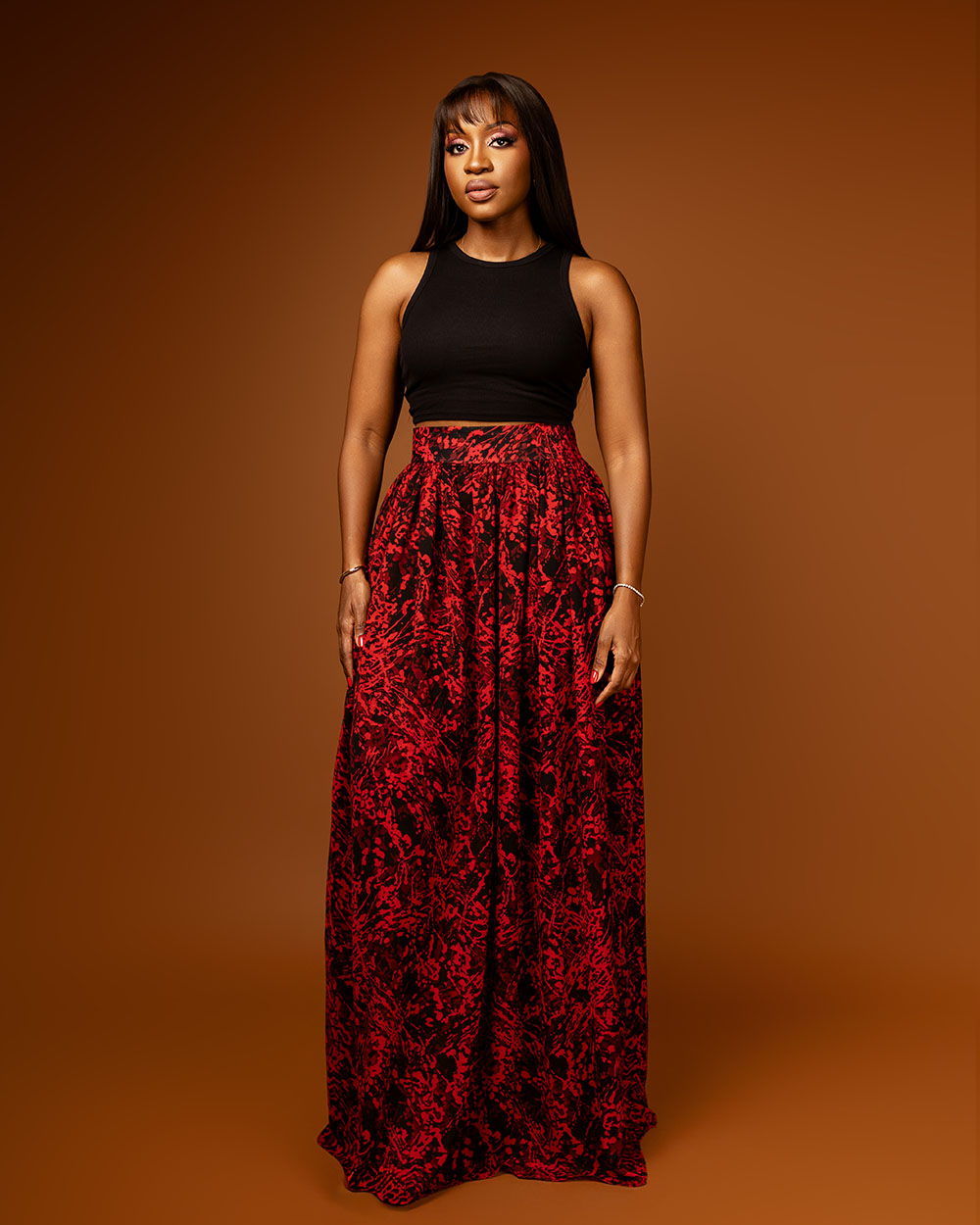 Red black gathered maxi skirt