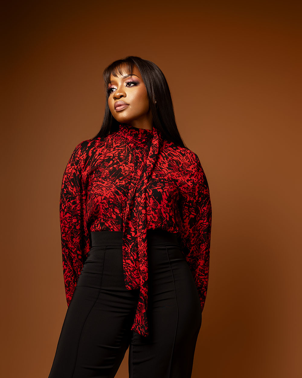 Red black print chiffon pussybow blouse